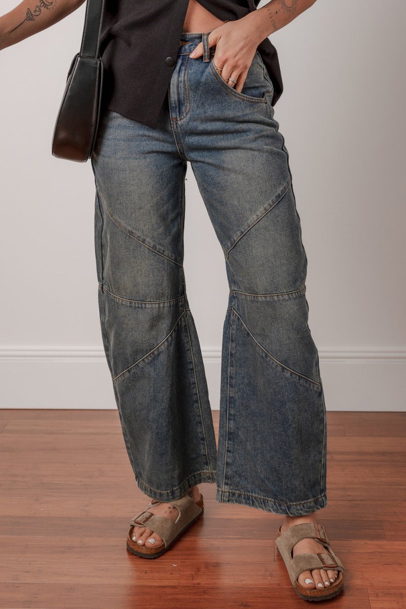 Sail Blue Exposed Stitching Loose Straight High Waist Jeans - Love Salve